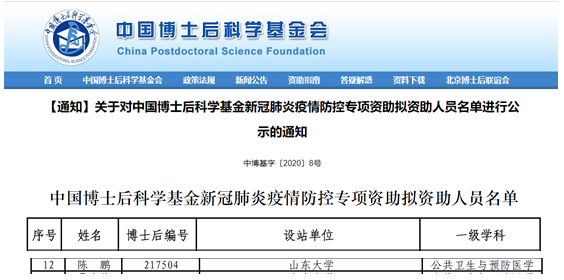 我院博士后陈鹏获中国博士后科学基金新冠肺炎疫情防控专项资助